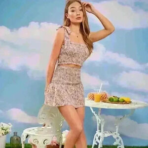 Women's L Floral Print 2 Piece Coord Set Top & Bottom Casual Multicolor Outfit